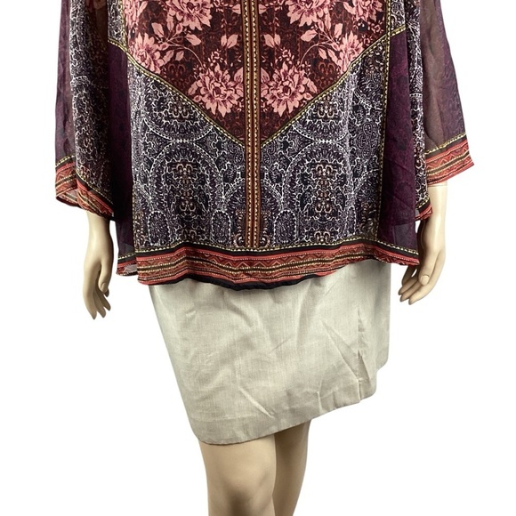 Cato Sheer Sleeve Boho Print Keyhole Blouse 22/24W Burgundy Black - Picture 3 of 7